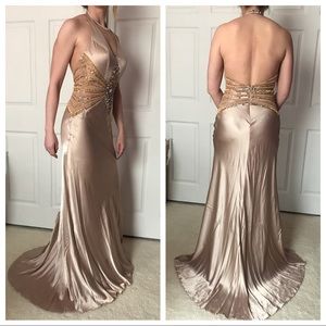 Tan beaded low cut back prom dress